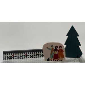 Cats Meow Wooden Christmas Carollers Scene Featuring Fence & Tree